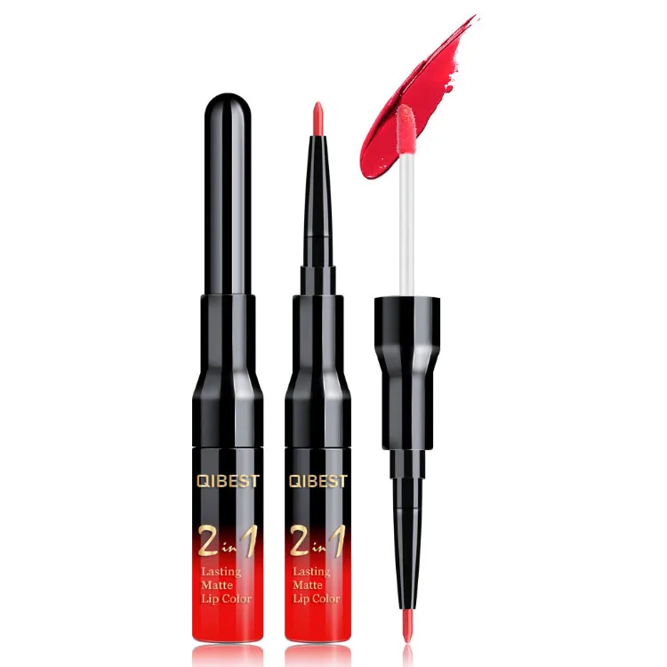 

High Quality Qibest Matte Liquid Lipstick With Lip Liner Pencil Vendor 20 Colors Waterproof Lip Gloss Base 2 in 1 Lip Liner