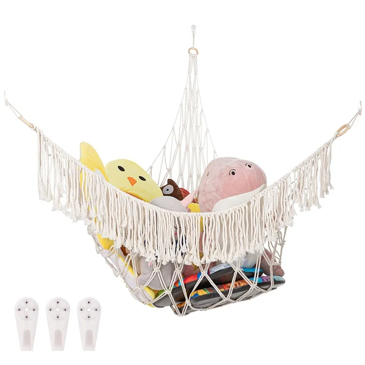 

Boho Stuffed Animal Toy Corner Hammock Large Size Macrame Toy Hammock with 3pcs Hanging Toy Organizer Storage Net