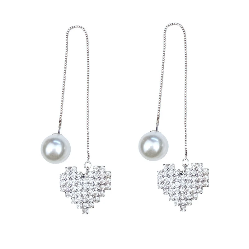 

Silver Color Long Pearl Dangle Earrings Vintage Crystal Heart Charm Drop Earrings For Women Wedding Jewelry (KER440), Same as the picture