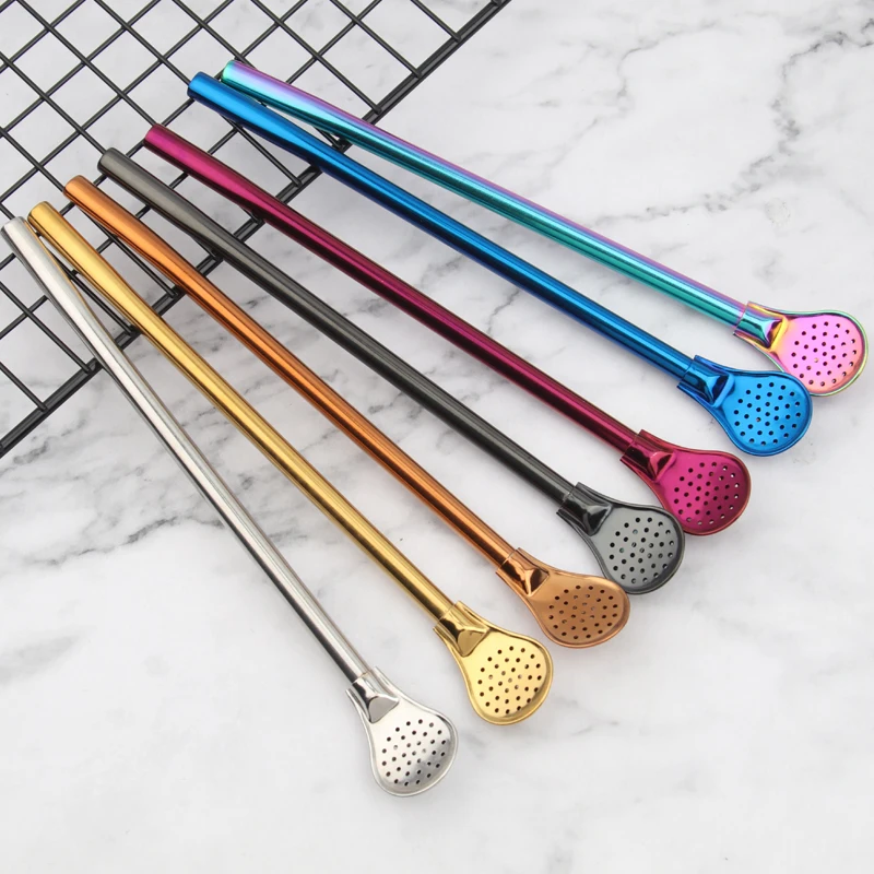 

Reusable Stainless Steel Drinking Spoon straws bubble Tea Yerba Mate Filter straw spoon, Silver, rainbow, gold, rose gold, black, blue, purple, etc.