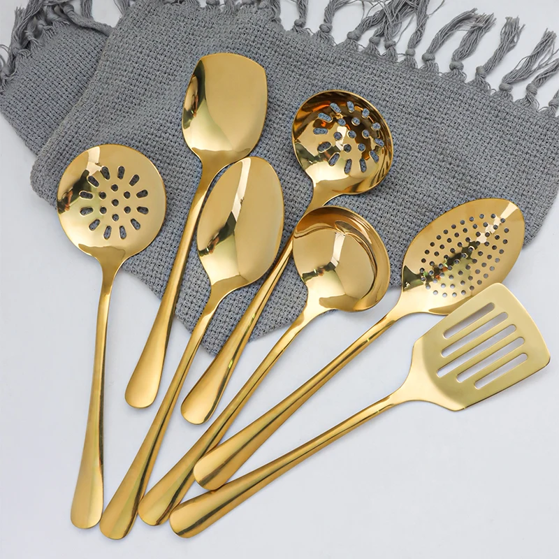 

Traditional stainless steel soup ladle serving spoon salad spoon fork set gold Cooking Tools stainless steel soup ladle