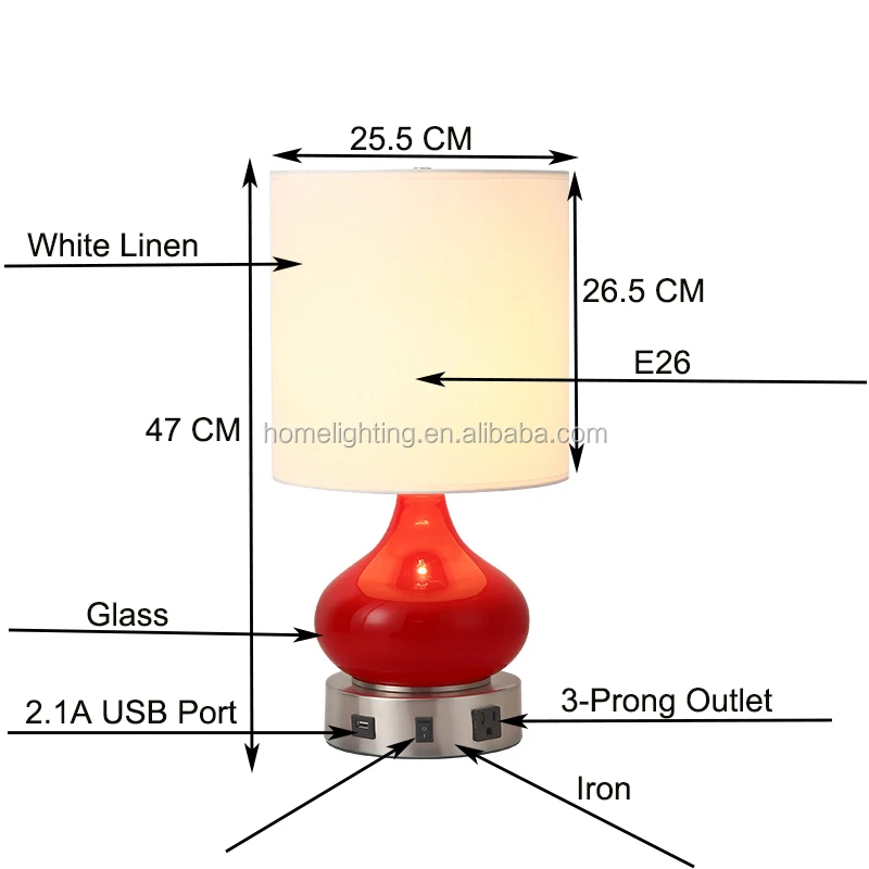 Jlt7127 Glossy Red Orange Table Glass Lamp Charging Port & Ac Hotel Lamps With Electrical
