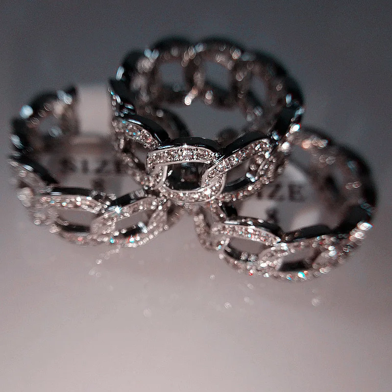 

Hips Hops 18k White Gold Plated CZ Link Chain Rings Bling Bling Crystal Rhinestone Chain Rings