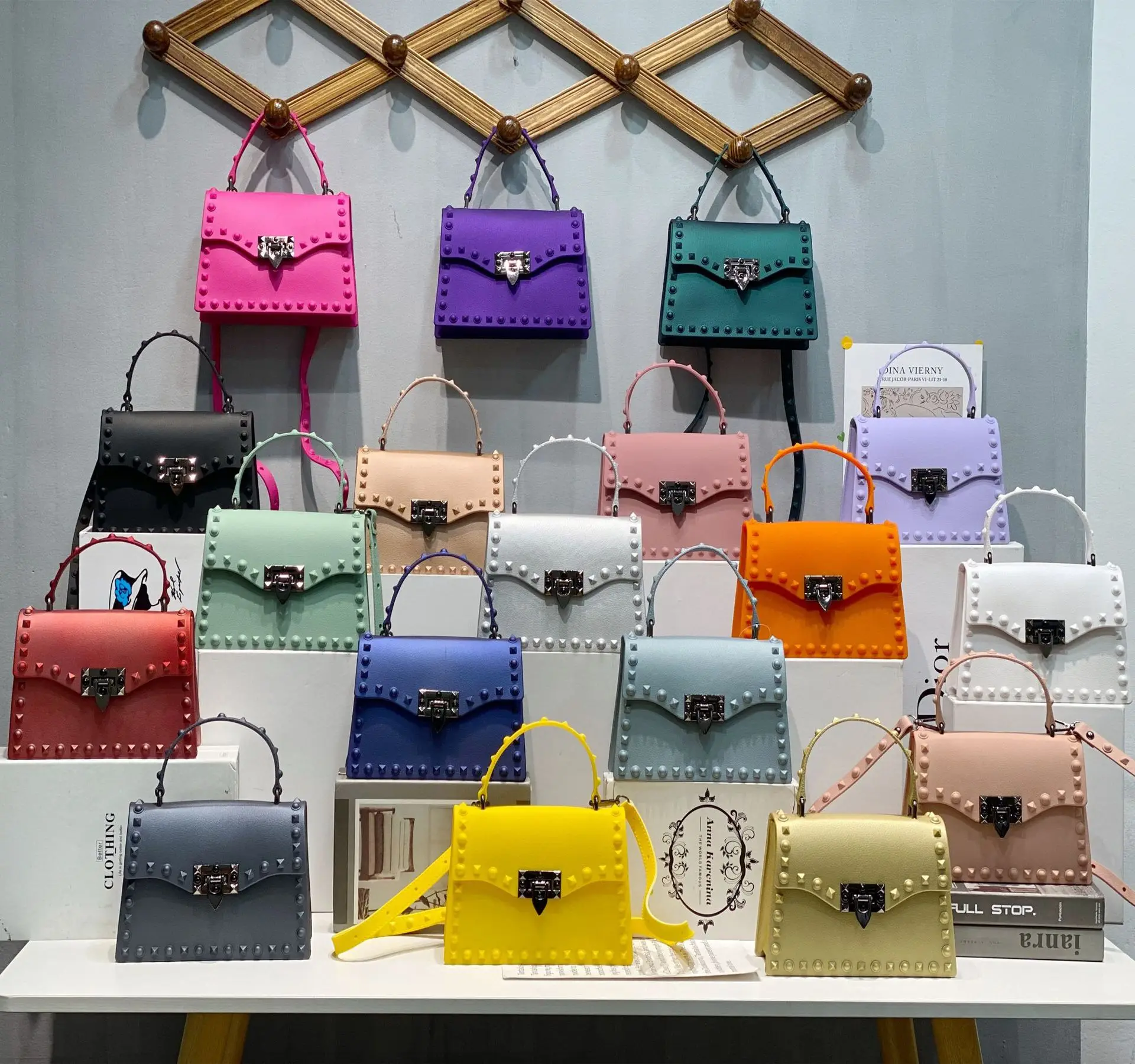 

Jelly Bag 2021 Pvc Handbag Female Rivets Factory Wholesale Women's Crossbody Handbags, Color mixing