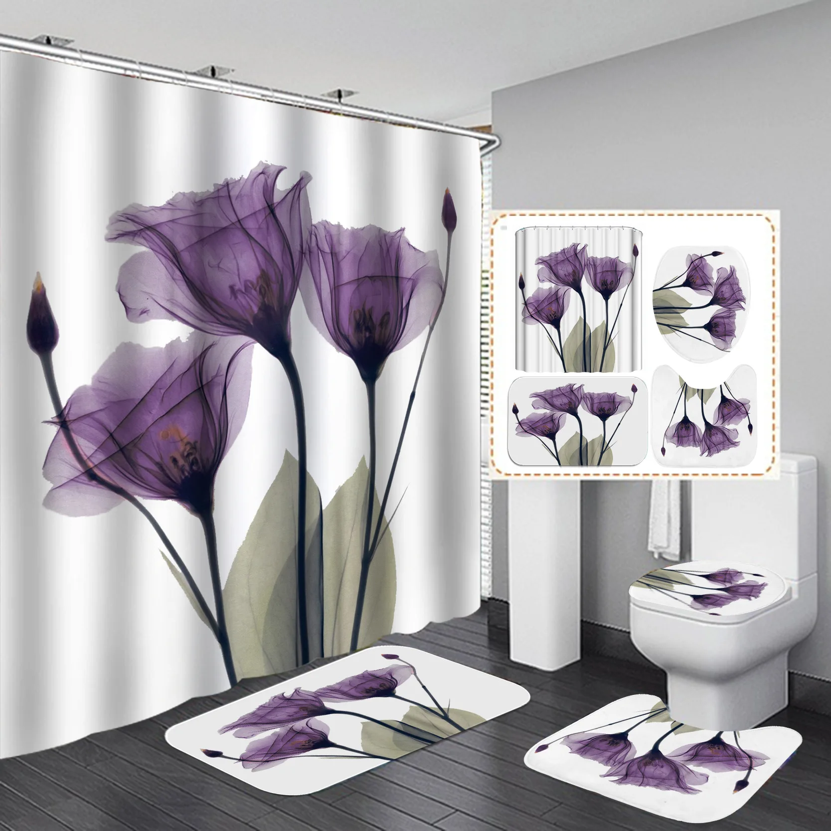 Flower Printed Bathroom Curtain Set Floral Customised Design Bathroom Sets With Shower Curtain and Rugs/