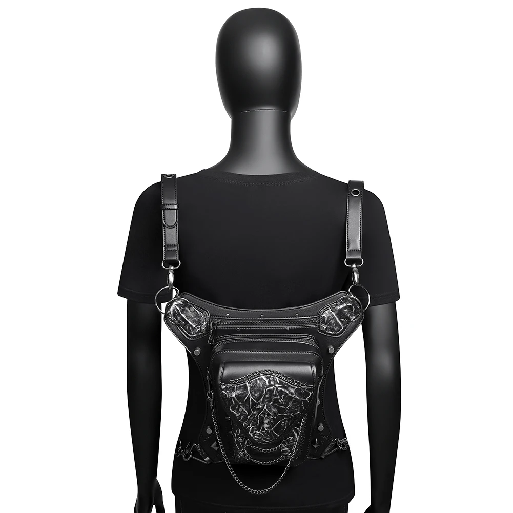 

Multiback steampunk chain fanny pack skull motorcycle shoulder waist purses bags backpack for men
