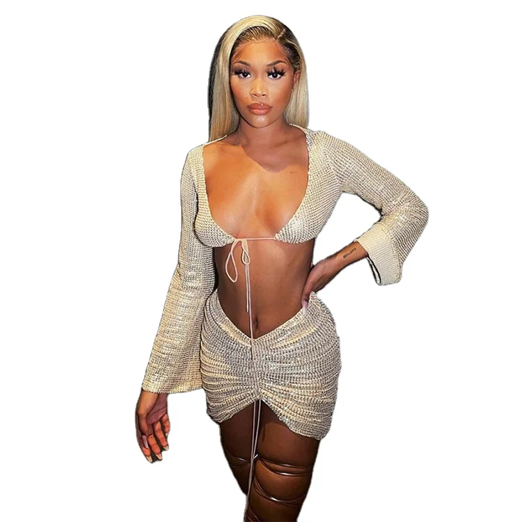 

L07040 summer fashion sexy crop top sequin two piece set women skirt sets Two Piece Set Women