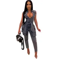 

2020 New Sexy Nightclub Sleeveless Tie Fashion Button Washed Jumpsuit Bodycon Tight Casual Girl Charming Romper