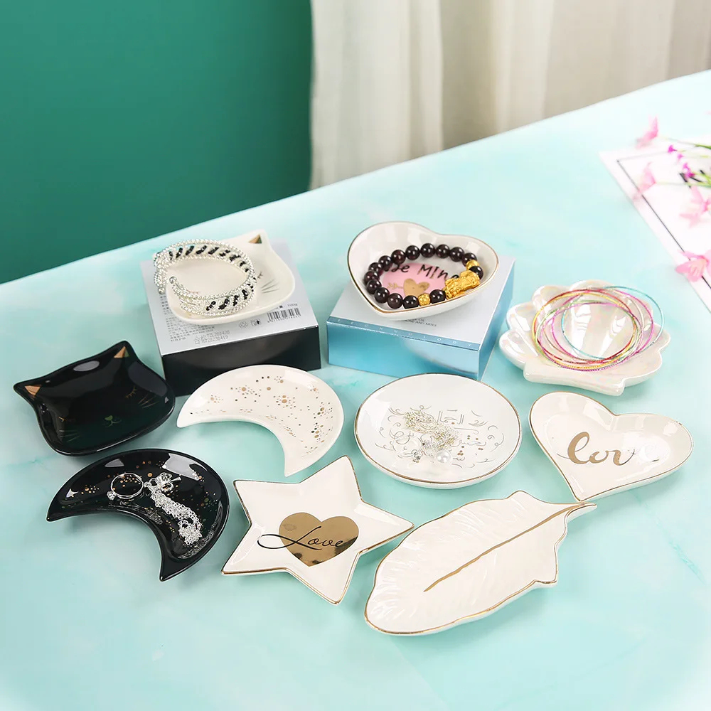 

Ceramic Gift Moon Star Heart Shaped Jewelry Packaging & Display Cute Earrings&Necklace Accessories Organizer Tray Dish, White with printing