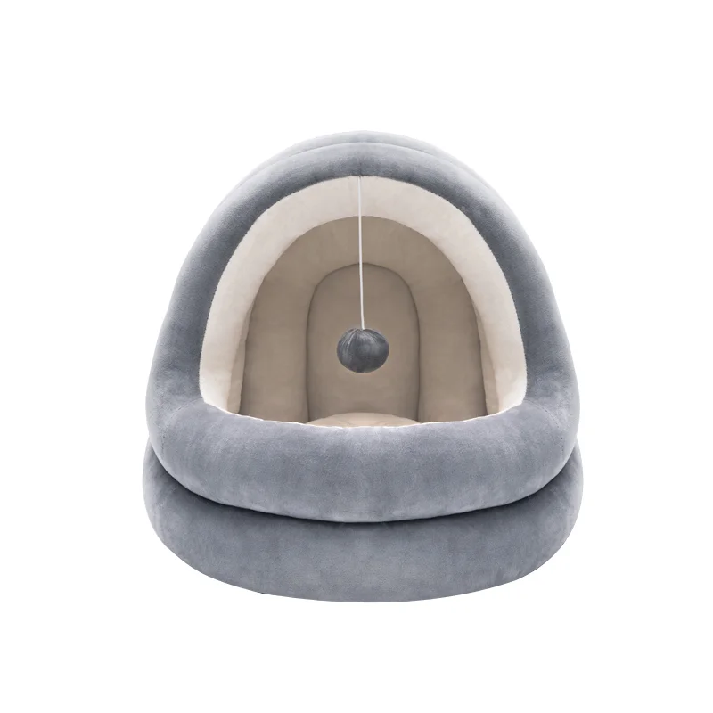 

Comfortable Cave Shape Luxury Round Pet Bed Washable Warm Cat Dog House With Little Mat, Gray