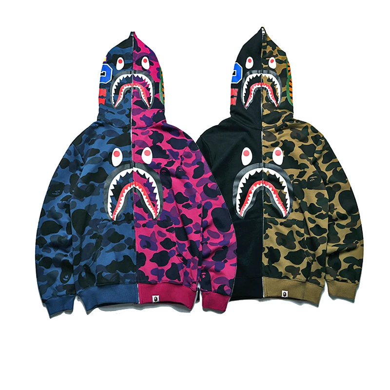 

2021 new style bape shark hoodies men's full zip up hoodies Matching color hoodie in spring, 2 colors