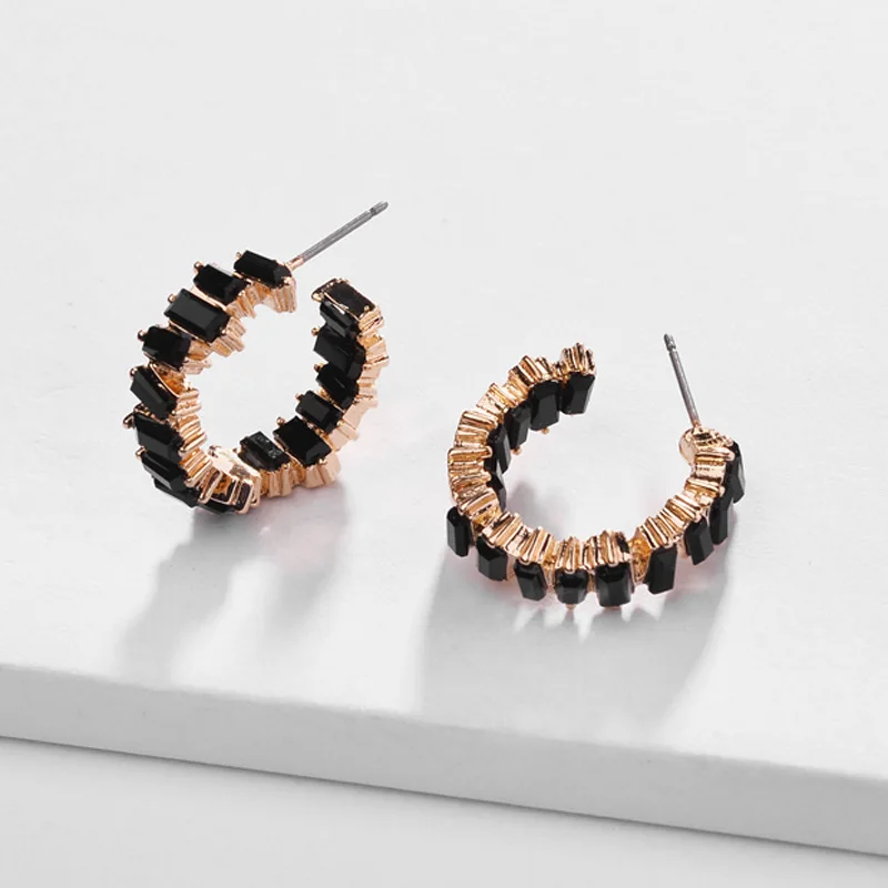 Luxury Geometric 25mm Black CZ circle earrings baguette hoop earrings for women