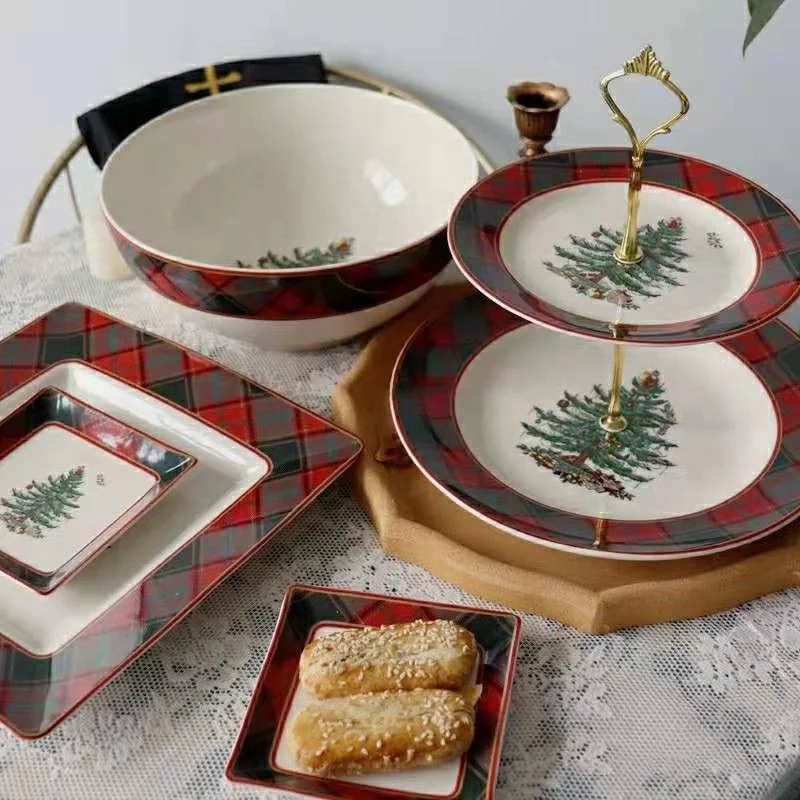 

Christmas square round cloth texture Christmas tree ceramic steak plate cake plate, Red