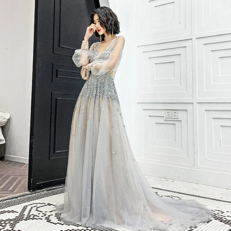 

Elegant Women Sexy Sequined Appliqued Formal Lace Prom Dresses Evening Party Gowns Off Shoulder Tube Tulle Gray Prom Dress, Photo color