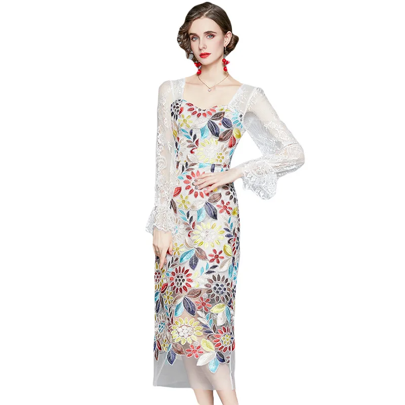 

2021 New Spring Square Neck Tulle Lace Flared Sleeves Slit Heavy Embroidery Gauze Skirt Casual Dress, Shown