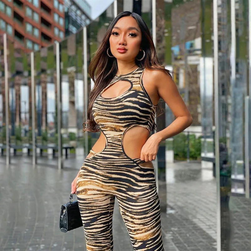 

H6755 - women sexy bodycon sleeveless hollow out tiger stripes one piece jumpsuits