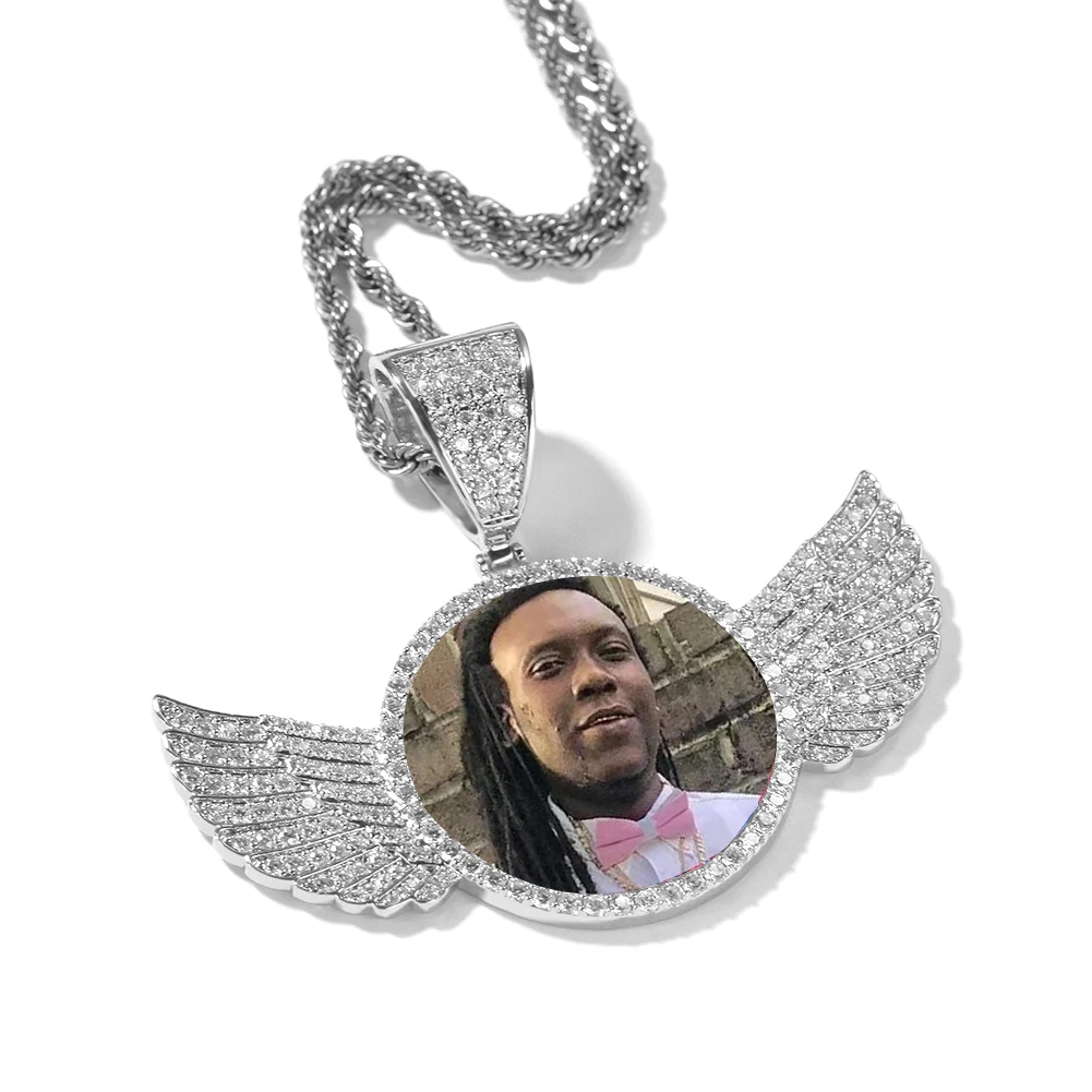 Best Selling Trendy Medallion Photo Picture Frame Pendant Trays Iced CZ Angel Wings Heart-shaped Charm Necklace Rope Pearl