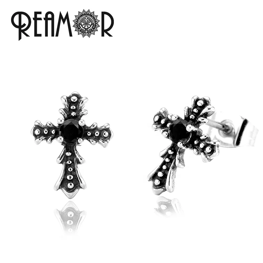 

REAMOR Stainless Steel Cross Religious Earrings Black Zircon Paved Stud Ear Art Jewelry for Men Women Jewelry, Silver color