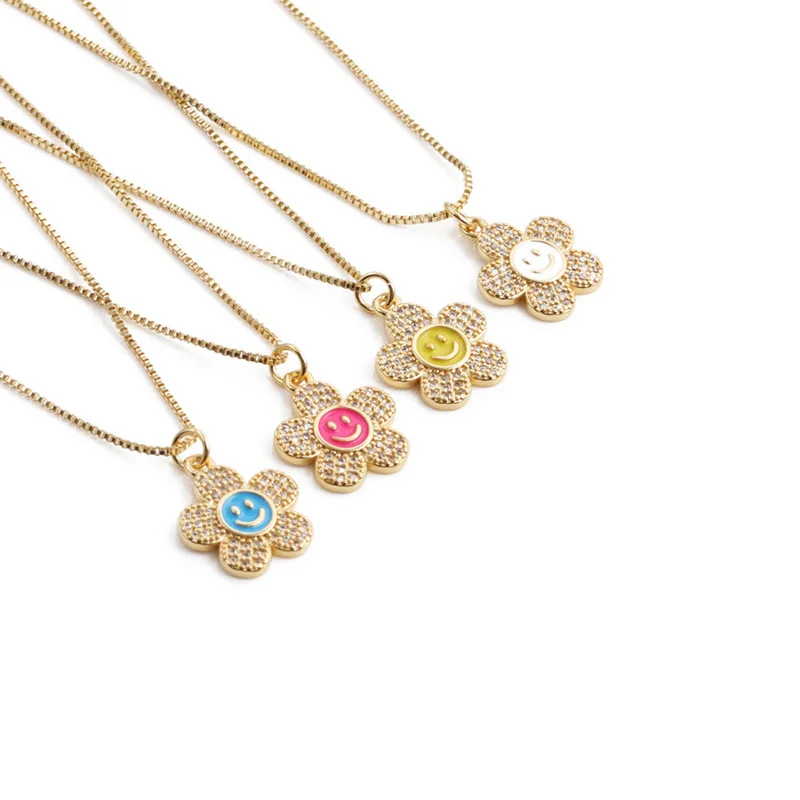 

Lovely Beautiful Happy Face Zircon Necklace Gold Plated Smiley Flower Necklace Enamel Charms For Jewelry Making, Pictures show