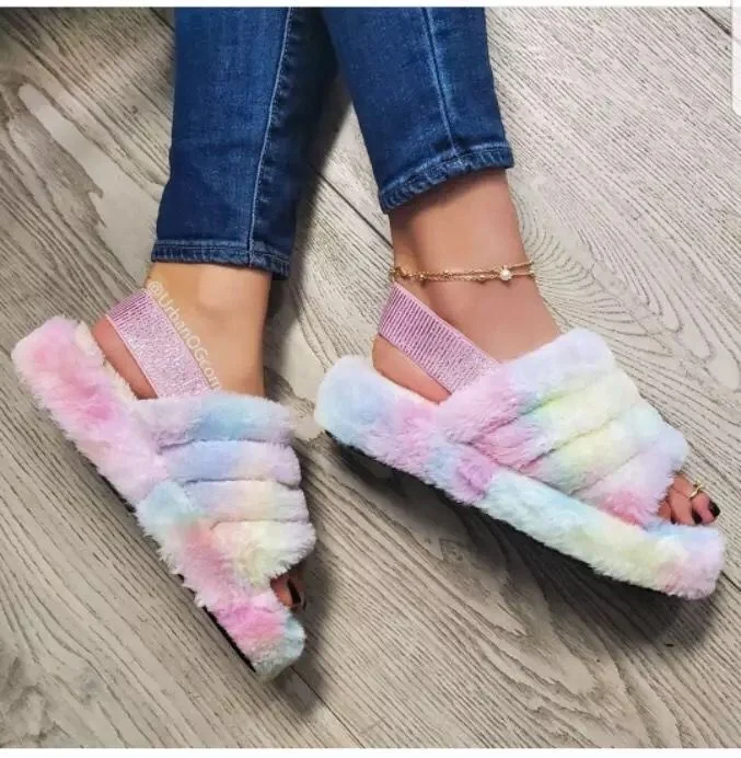 

2020 Custom colors hot sale Plush Fur Furry Slippers Fluffy Slides for Women shoes