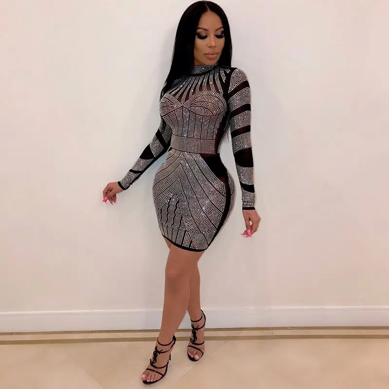 

Hot selling see through mesh beaded designer halter dress bling bling women sexy dress 2021