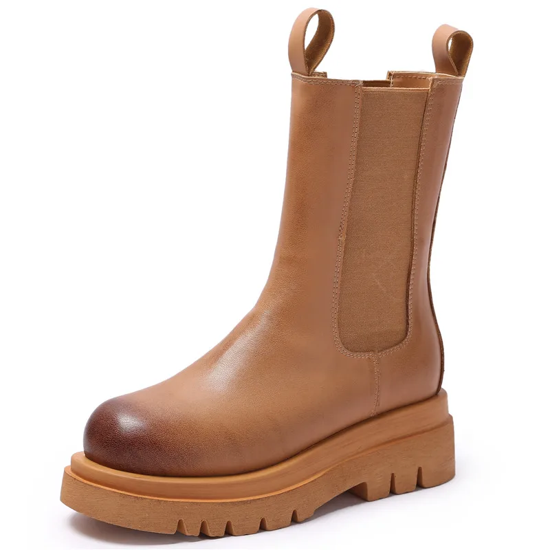 

Stretch Women's Ankle High Boots 2020 Genuine Leather Fashion Women Autumn Round Toe Ladies Platform Fashion Footwear