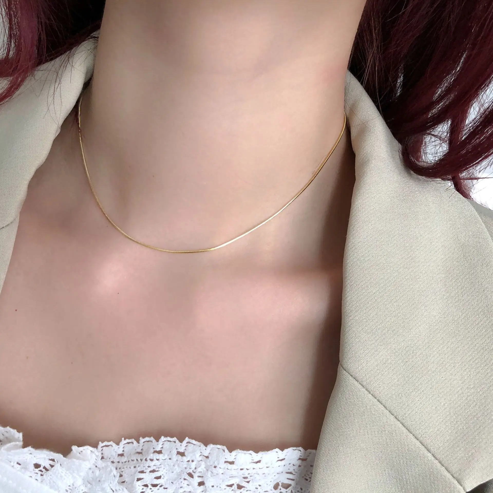 

Modern 18k Gold Plated Thin Snake Link Chain Necklace Stainless Steel Fine Herringbone Chain Necklace For Women Girls