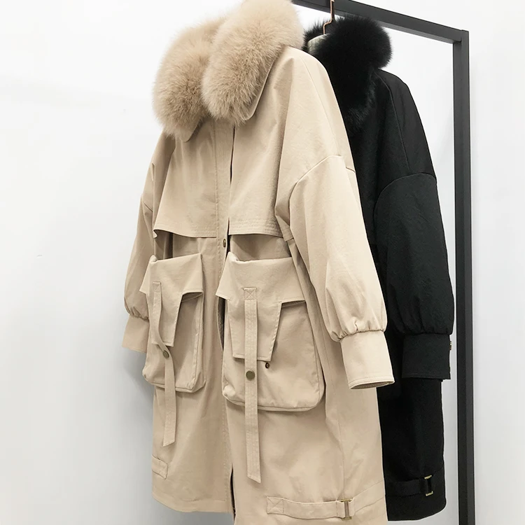 

100% Polyester Fur Rabbit Liner Detachable Fox Fur Collar Jacket Women Fur Long Coat With Big Pockets, Customized color