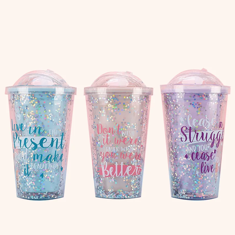 

Wholesale custom 450ml ins water cup double-layer plastic straw cup, As picture
