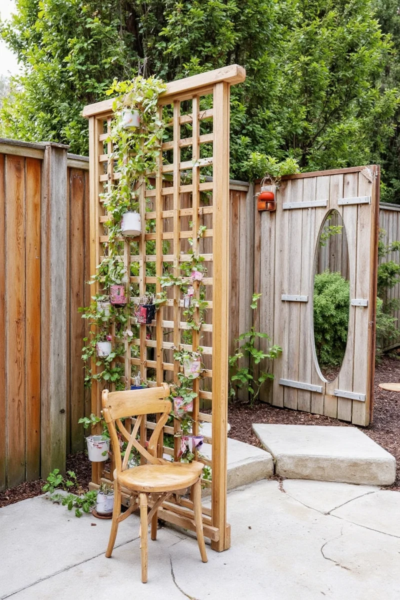 Small wooden trellis used as a kitchen herb wall