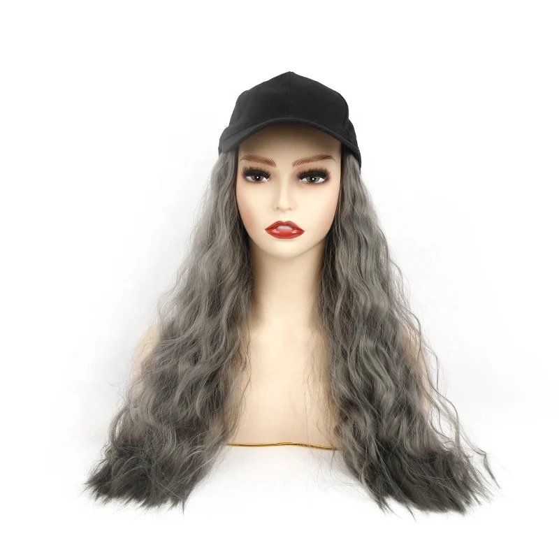 

Wholesales American African Colorful Body Wave Long Curly Synthetic Wig Creative Baseball Hat Wig With Hair Attached