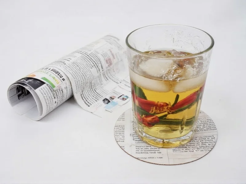 Magazine page strips rolled into waterproof drink coasters