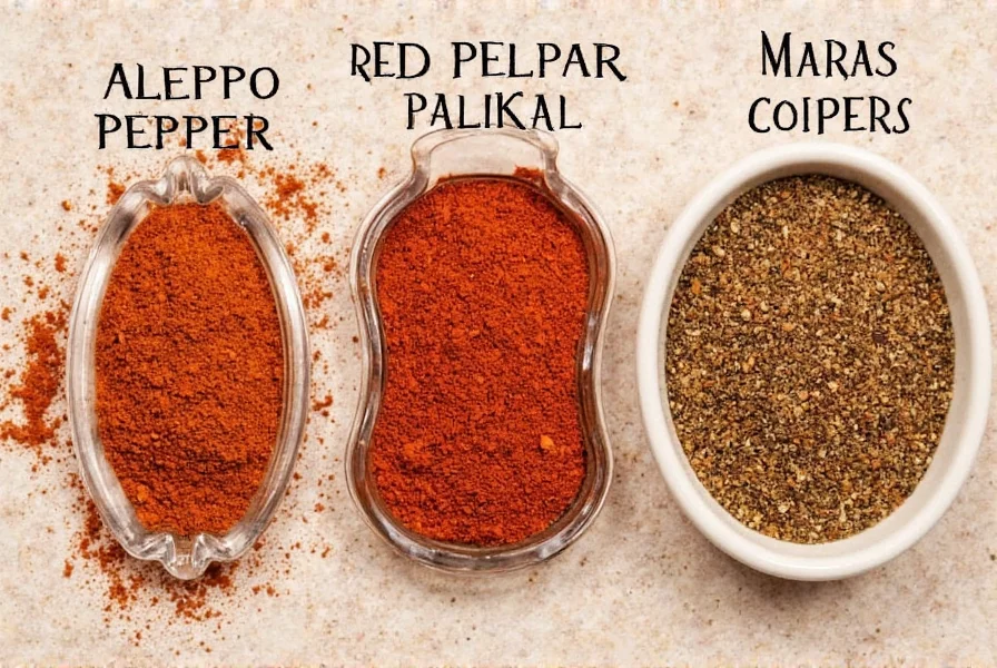 Close-up comparison of Aleppo pepper and common substitutes including red pepper flakes, paprika, and Maras pepper arranged in small bowls