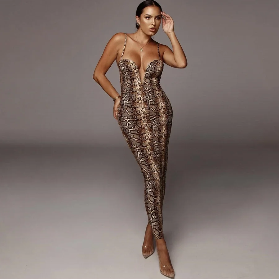 

Nibber D1735883 women sexy v-neck snake pattern long dresses Spaghetti Strap high waist bodycon dress fashion slim style