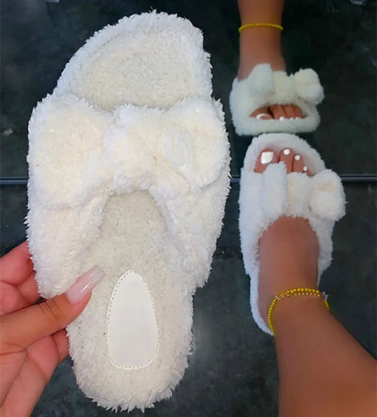 

2021 Women Fashion Bow Non-Slip Bed Slippers Ladies Fur Slippers Home Flurry Flip Flops Soft Sole Shoes, Orange ,neon green ,brown