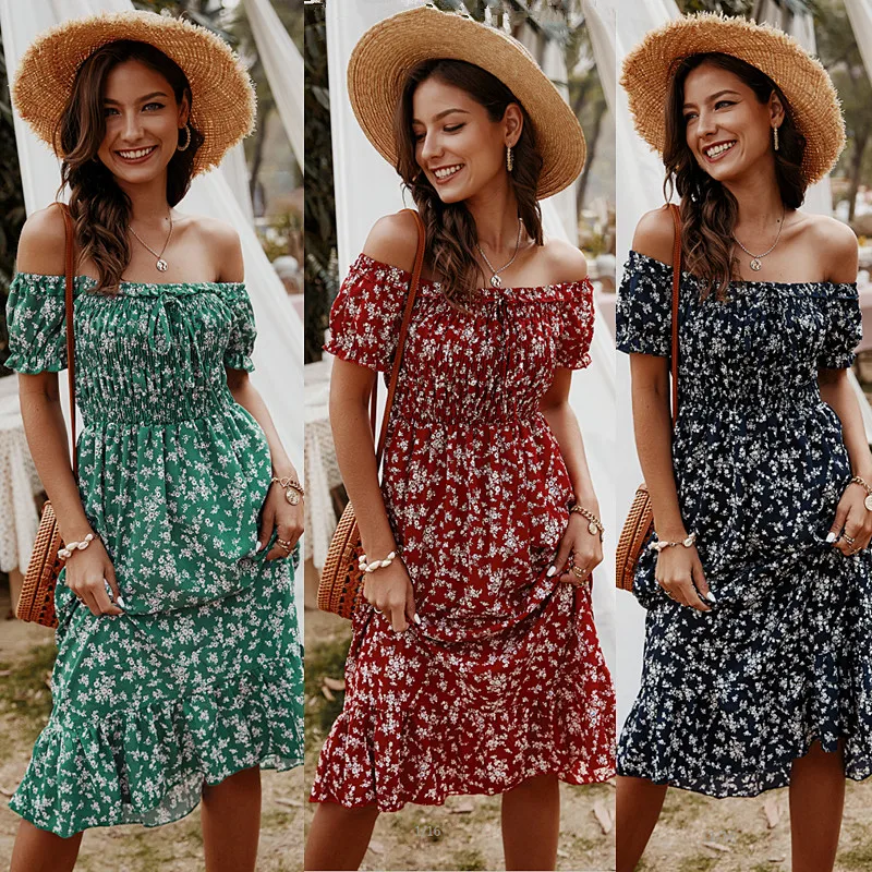 

Casual Dress Short Sleeve Floral Print Ruffle Women Summer Dress Off Shoulder Bohemia Dress