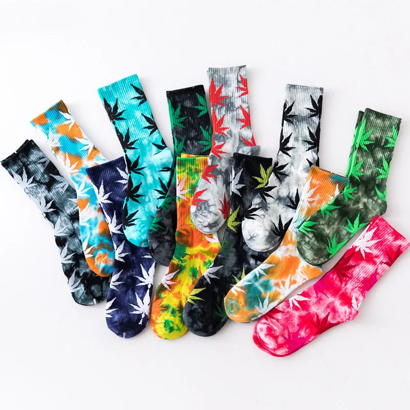 

Colorful tie dye maple leaf tube sports socks hemp socks with weed, Pantone color