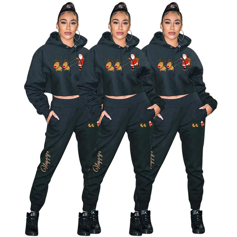 

New Arrival 2021 Winter Fall Fashion Set Christmas Long Sleeve Hoodies Women 2 Piece Tracksuit Sweatsuit Set