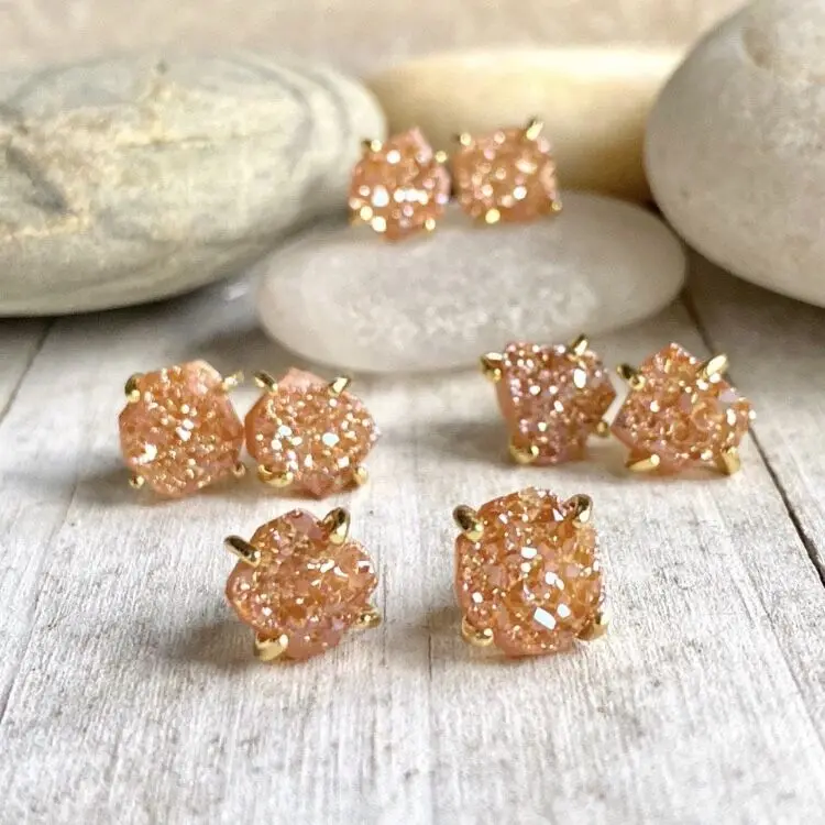 

BD-A1237 natural raw druzy studs earring,raw stone gold plating drusy boho stone earrings, As picture