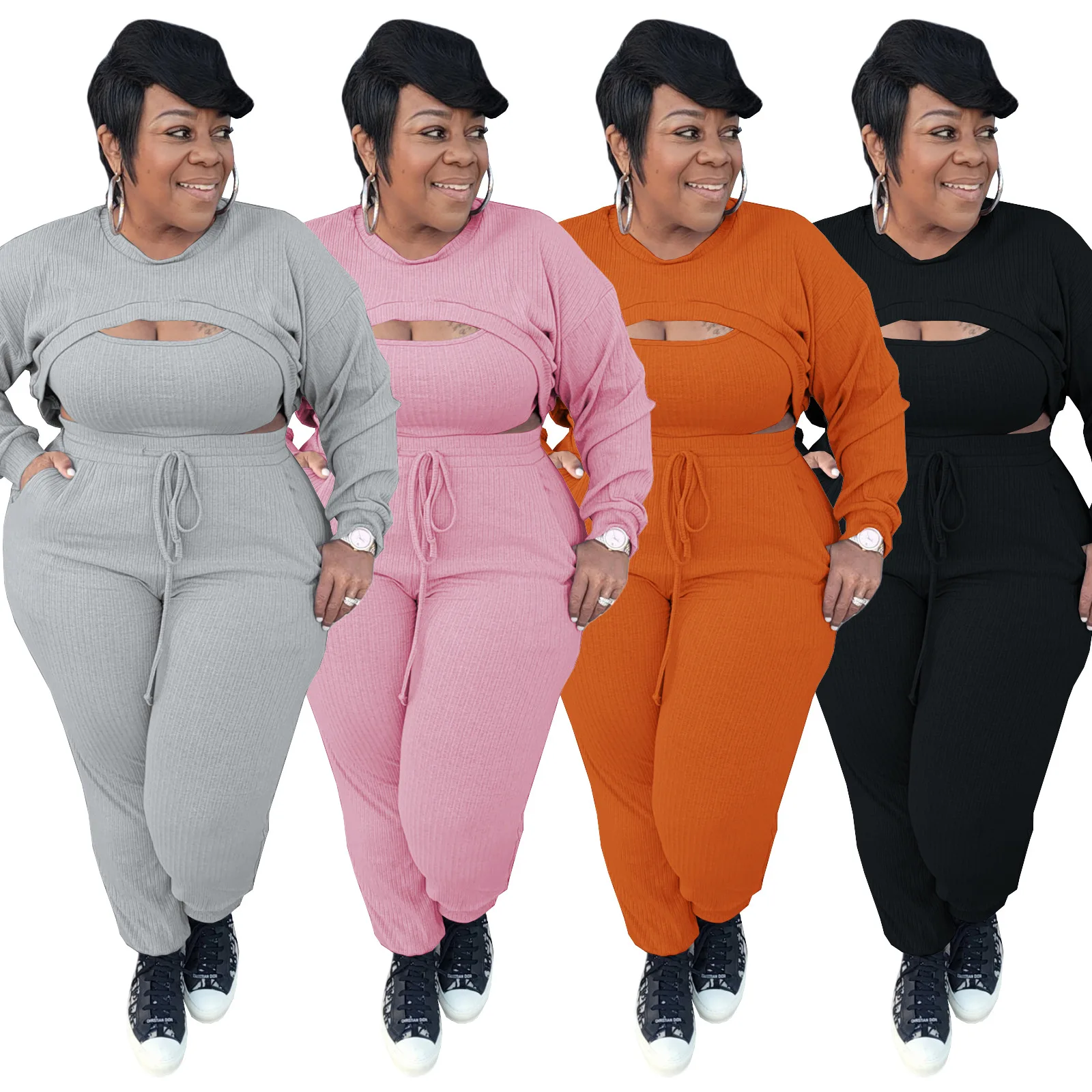 

Women 2021 Plus Size Fall Clothing Solid Rib Custom Joggers 3 Pieces Sports Wear For Ladies Long Sleeve Pants Set, Gray,pink,orange,black