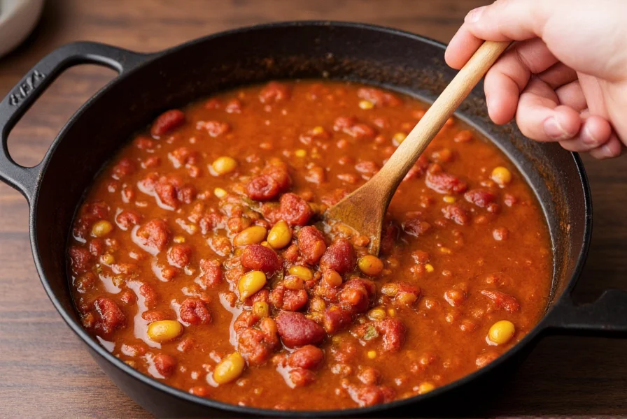 Hand holding wooden spoon stirring a pot of chili with visible spices and ingredients