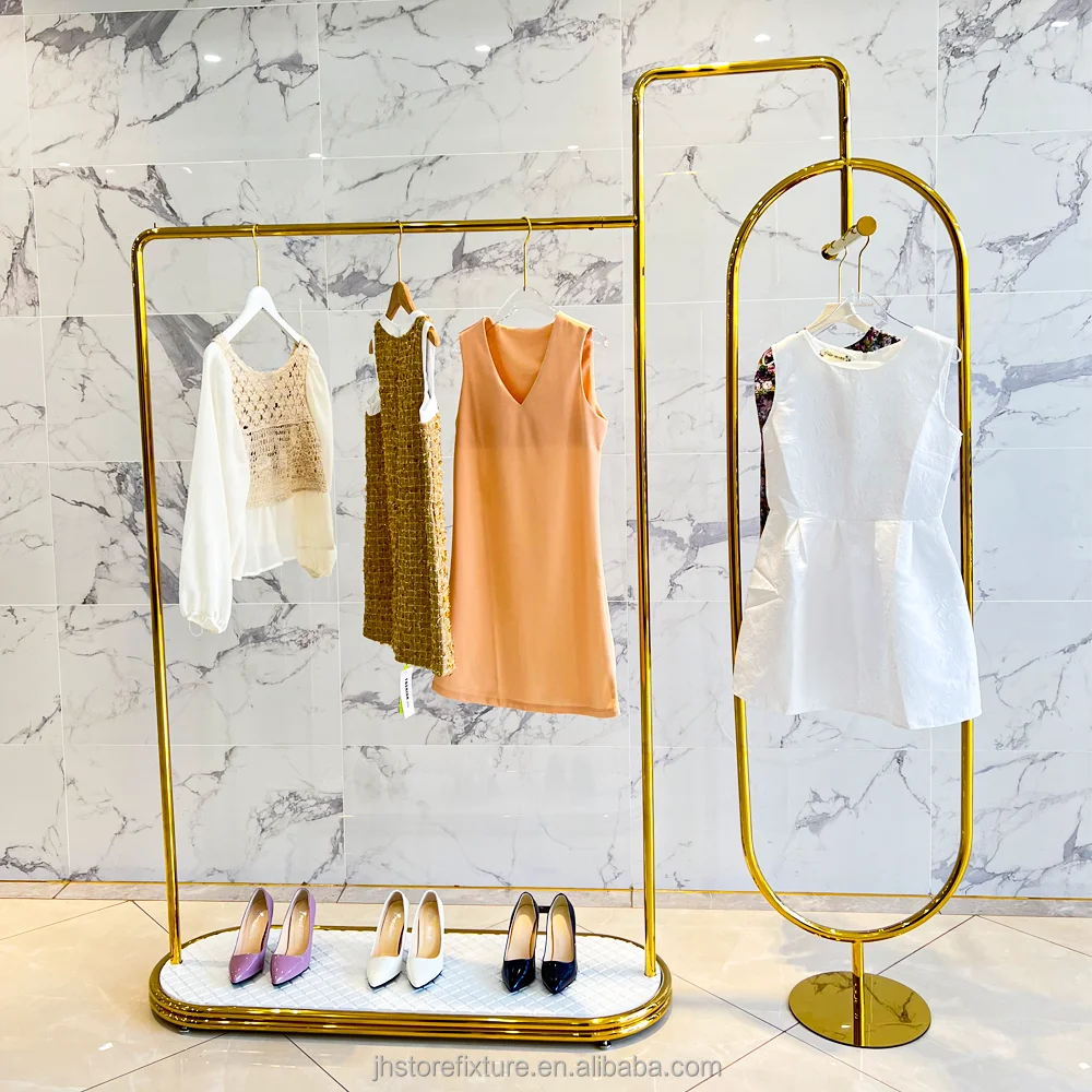 

whole shop stainless steel decoration women fashion display racks hanger for clothing store fixture white mdf display stand