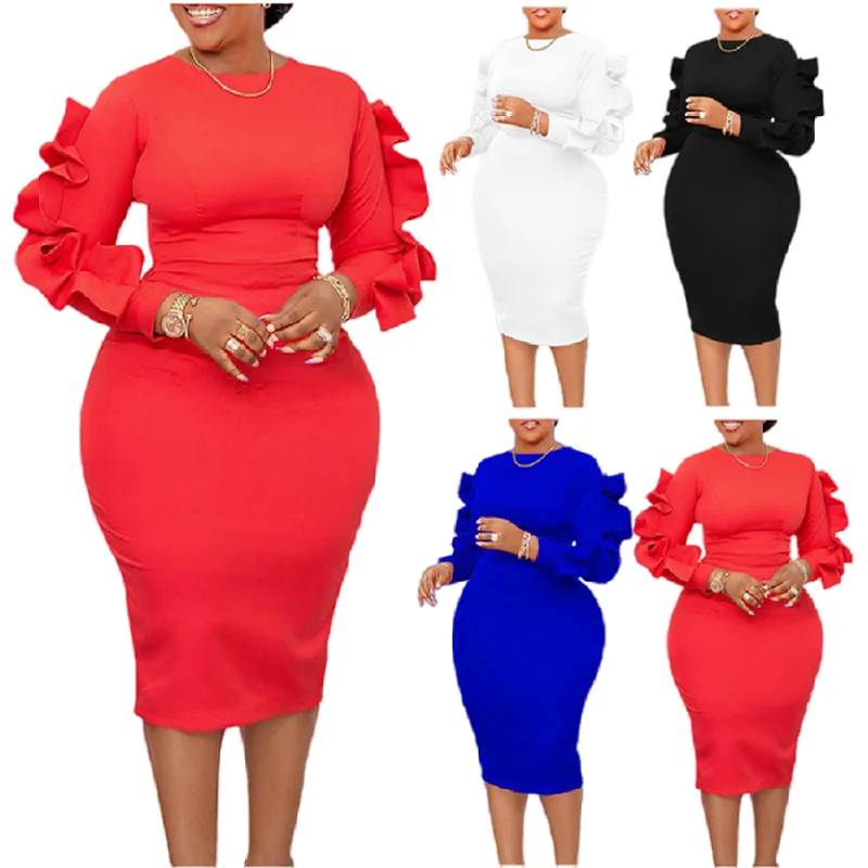 D377 Latest Design African Dresses for Women Clothing Elegant Ruffle Long Sleeve Women Dresses for Office Work Career Dresses