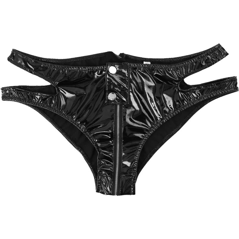 

iEFiEL Women Patent Leather Underwear Zipper Crotch Low Waist Black Briefs Club