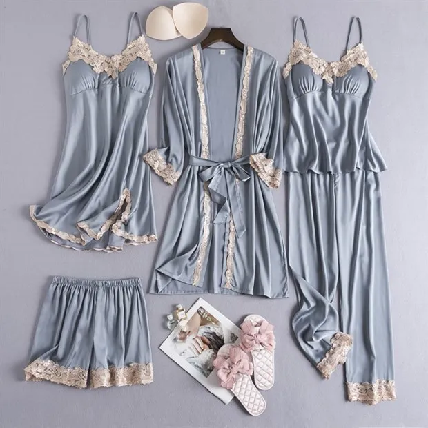 

Custom Logo New Style Nightwear for Women Sexy Silk Nightgown Satin Five Pieces Pajamas Set