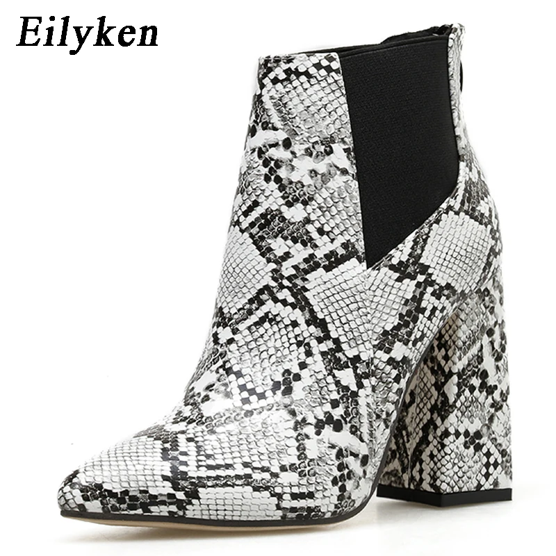 

Eilyken Print Snake Pu Women Ankle Boots Zip Pointed Toe Footwear Thick High Heels Female Boot Shoes Women 2021 snakeskin Bootie