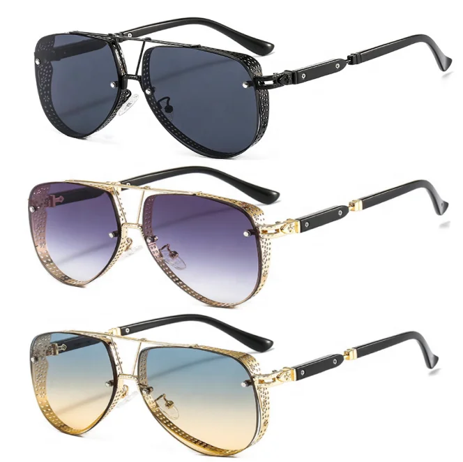 

2022 Trendy Pilot Hip Hop Steampunk Eyewear Men Mesh Decoration Sunglasses Hollow Pattern Oval Metal Gradients Frame Sunglasses