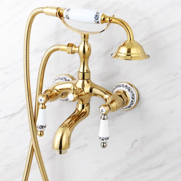 European Style Classic Design Double Handles Black Brass Wall Mount Bath Faucet Mixer Bathtub Shower
