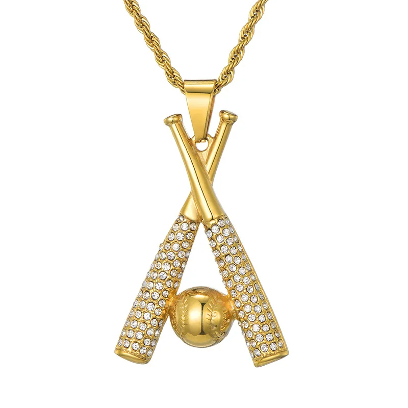 

Mens Hip Hop Jewelry Stainless Steel Rope Chains Gold Plated Sports Baseball HipHop CZ Pendant Necklace, More colors for choice