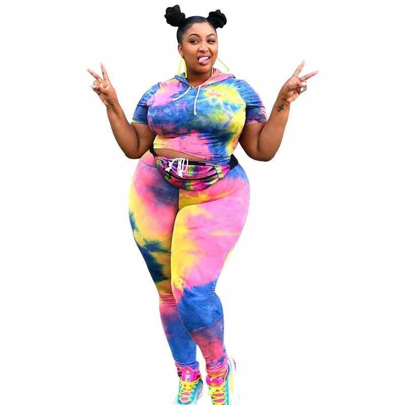 

Summer Plus Size Outfits Hooded T Shirt And Leggings Pant Sport Two Piece Set Women Tie Dye Sets, Picture color